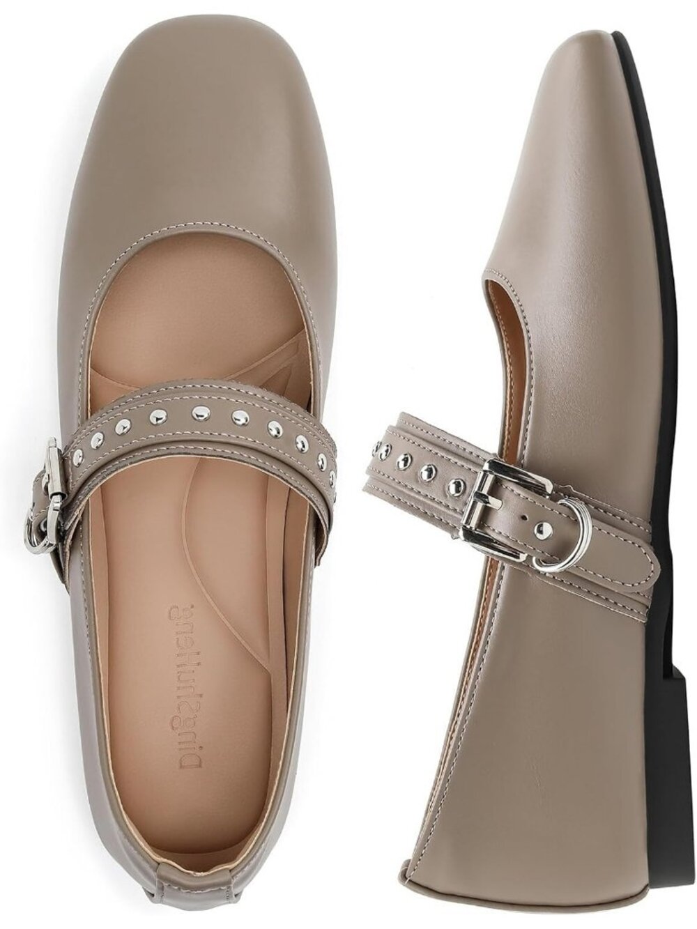 Women's Taupe Mary Jane Flats Square Toe Ballet Flats Adjustable Buckle Shoes